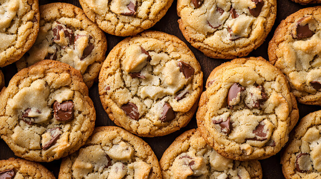 Close-up of several chocolate chip cookies with a golden-brown, gooey texture.
