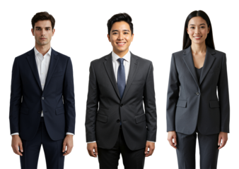 Portrait of three adult business people, two males and one female, of diverse ethnicities, wearing formal suits and standing against a plain black studio background.
