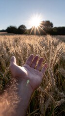Hand reaching out over wheat field with sunburst at sunset