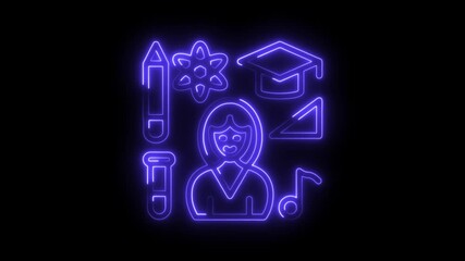 Education symbols glowing neon animation on black background perfect for academic or educational content design