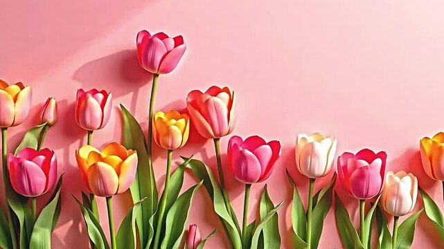 vibrant arrangement of tulips against soft pink background. tulips various shades of pink red orange yellow their stems leaves adding natural touch. flowers artistically arranged creating...