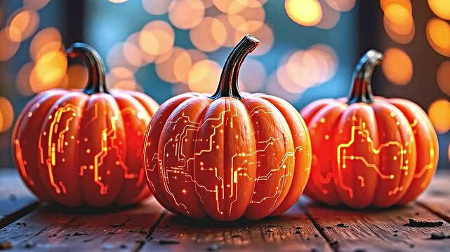 three intricately carved pumpkins each illuminated glowing orange lines that resemble circuitry patterns. These pumpkins placed rustic wooden surface softly blurred background of warm bokeh...