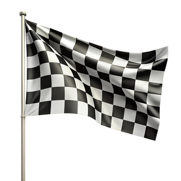 Illustrate a dynamic, waving checkered flag against a white background.