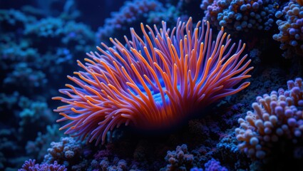 Vibrant Coral Anemone with Colorful Tentacles in a Clear Ocean Environment