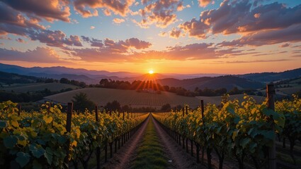 Naklejka premium Vibrant Vineyard Landscape at Sunrise with Clouds and Mountains in a Peaceful Countryside
