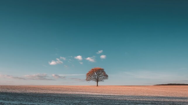 Majestic solitary tree standing alone in vast snow-covered field under clear blue sky with gentle clouds above