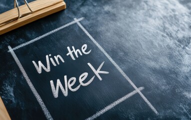 Fototapeta premium A motivational chalkboard message encouraging productivity with the phrase 'Win the Week' prominently displayed.