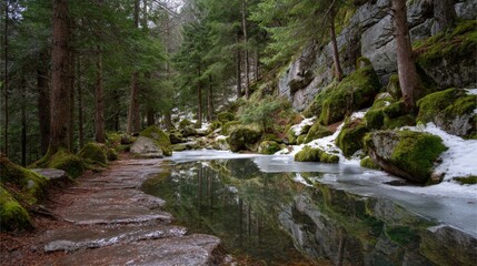 Obraz premium Tranquil forest scene with calm water, mossy rocks, evergreen trees, and reflections in a serene wilderness landscape