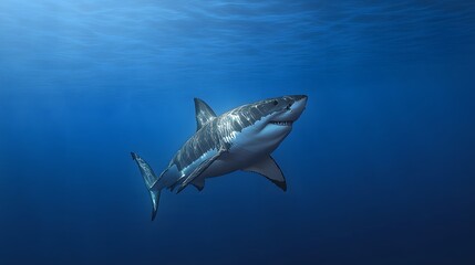 Fototapeta premium Large great white shark in deep ocean waters.