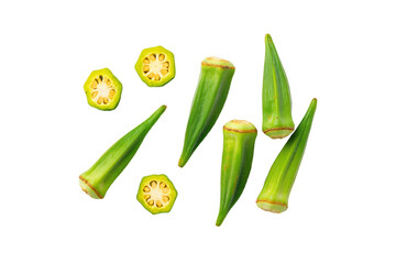 Whole fresh okra pods isolated commercial food photo on transparent background crisp lighting