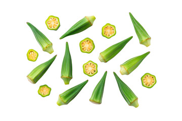 Whole fresh okra pods isolated commercial food photo on transparent background bright lighting