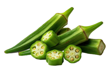 Flat-lay okra pods isolated on transparent backdrop studio shot ideal for packaging design
