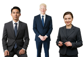 Diverse group of three professional business people, including an Asian man, a man with albinism, and a woman, wearing suits and ties, standing against a transparent background.