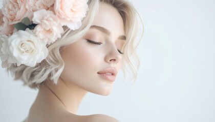 Blond woman with flowers in her hair and eyes closed
