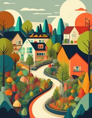 Colorful illustrated houses nestled in a vibrant, natural landscape with winding path.
