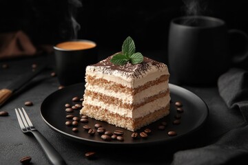 A delectable tiramisu slice, garnished with cocoa and mint, served with coffee