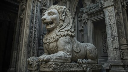 Fototapeta premium Lion Statue Carved from Stone at Ancient Temple with Intricate Detailing in Southeast Asia