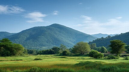 Fototapeta premium Serene Mountain Landscape with Lush Green Fields Under a Clear Blue Sky and Gentle Cloud Formation in the Distance