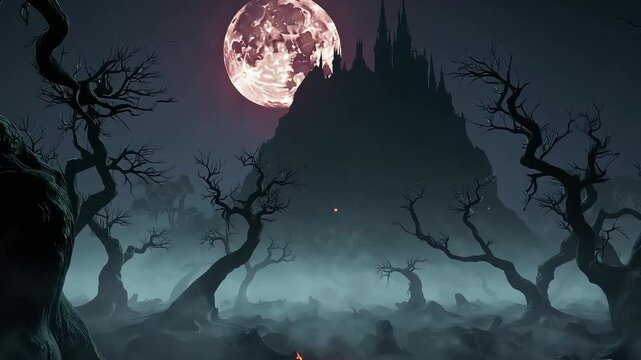 Mystical animated shot of a shadowy castle surrounded by foggy, barren trees under a purple night sky.