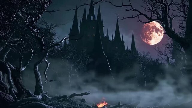 Spooky scene featuring a dark haunted castle under a blood-red full moon surrounded by eerie trees and thick fog.