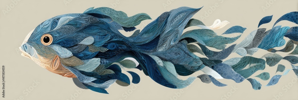 Fototapete Abstract Ocean Shapes Create a Fish Figure With Flowing Patterns and a Neutral Background
