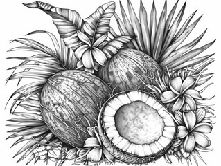 Fototapeta premium Detailed botanical line art of a coconut palm with husk textures, intricate leaf patterns, tropical flowers, and stippled noise.