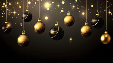 Elegant black and gold christmas ornaments against a dark backdrop.