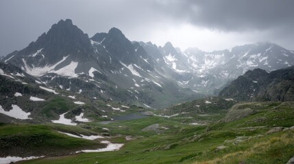 Majestic Mountain Range Under Dramatic Cloudy Sky with Snow-Capped Peaks and Serene Green Valley Landscape