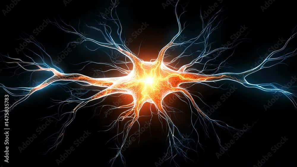 Poster illuminating the nervous system: a vibrant, digitally-rendered illustration of a neuron bursts with 