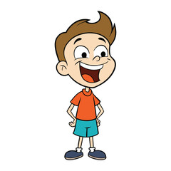 A cheerful cartoon boy with big eyes and messy hair is laughing joyfully, mouth wide open, eyes squinting, and hands on his belly, bursting with pure happiness.
