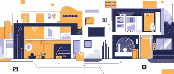 Fototapeta premium Minimalist smart home design flat illustration, geometric patterns, isolated composition, floating tech, contemporary feel.