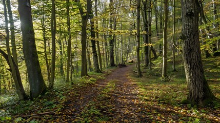 Obraz premium Sunlit Forest Path Through Dense Trees and Fallen Autumn Leaves Creating Scenic Woodland Trail