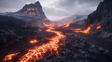 Fototapeta premium Dramatic landscape with flowing lava and mountains