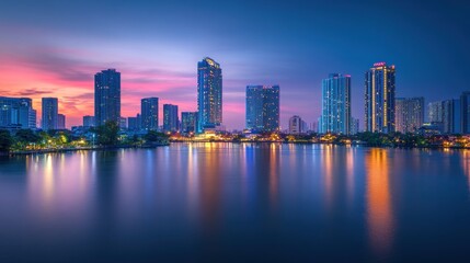 Obraz premium City skyline at twilight reflecting on water