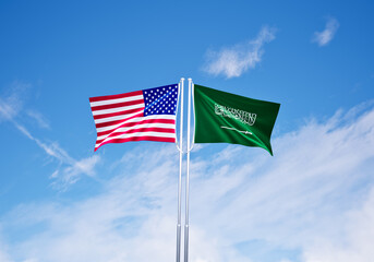 flags of saudi arabia and united states of america over blue sky background.