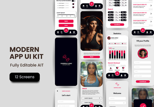 Black And Red Fitness Workout Tracker Mobile App UI Design