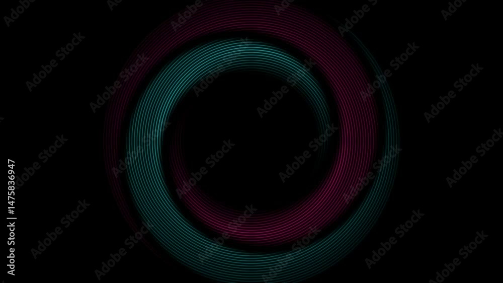 Poster Blue and purple shiny linear twisted circles abstract futuristic tech background. Minimal geometric motion design. Video animation Ultra HD 4K 3840x2160