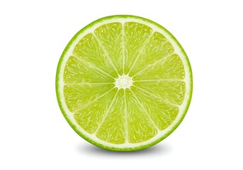 A halved lime showing its juicy interior on white background