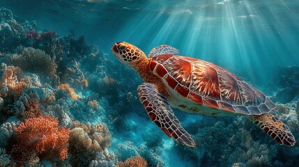 Obraz premium Sea turtle in vibrant coral reef