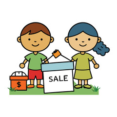 Two kids enthusiastically promote their yard sale with handmade signs, cheerful shouts, and irresistible deals on toys, books, and treasures from their garage.
