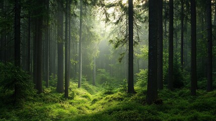 Fototapeta premium Enchanting Sunlight Filtering Through a Dense Forest Canopy, Creating a Magical and Serene Atmosphere
