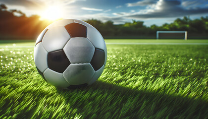 Fototapeta premium Soccer Ball on Sunset-Lit Green Field with Goal in Background