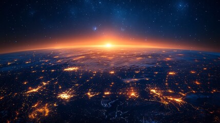 Obraz premium City lights glow, curving horizon meets starlit sky at dawn