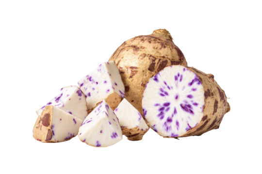 Earthy taro root photo isolated on transparent background delivers rustic tuber visual for cookbooks