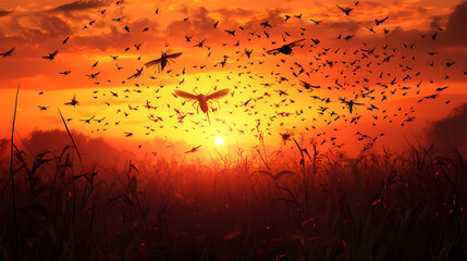 Obraz premium Mosquito swarm sunset field flight. nature pest control. [Cursed Menagerie] | Rotfeather Spire | plague flight. Illustration