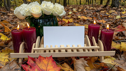Autumnal scene with burning candles, white roses, and a blank card resting on fallen leaves. Perfect for sympathy cards, fall invitations, or seasonal announcements.