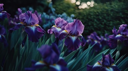 Purple irises in a garden setting.