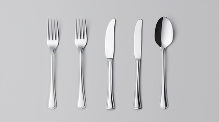A set of five stainless steel cutlery pieces-two forks, two knives, and a spoon-neatly arranged on a light gray background.
