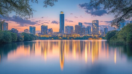 Fototapeta premium City skyline reflected in a calm lake at sunset