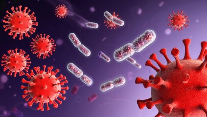 A medical illustration of red virus particles and rod-shaped bacteria floating in a purple space, symbolizing infection, disease, and microbiology. The concept healthcare, medicine, and antibiotics.